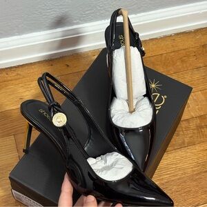 Black Patent Leather Heels with Gold Accents